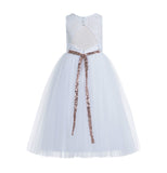 White Lace Tulle Scoop Neck Keyhole Back A-Line Junior Flower Girl Dress Pageant Gown Baptism 178