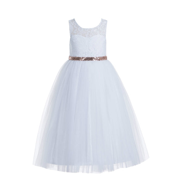 White Lace Tulle Scoop Neck Keyhole Back A-Line Junior Flower Girl Dress Pageant Gown Baptism 178