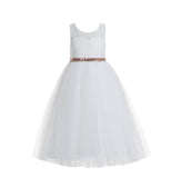 Ivory Lace Tulle Scoop Neck Keyhole Back A-Line Junior Flower Girl Dress Pageant Gown Communion 178