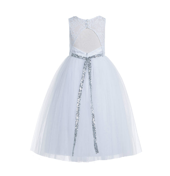 White Lace Tulle Scoop Neck Keyhole Back A-Line Junior Flower Girl Dress Pageant Gown Baptism 178