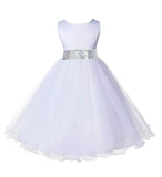 White Formal Wedding Pageant Special Occasion Rattail Edge Tulle Sequin Mesh Flower Girl Dress 829mh