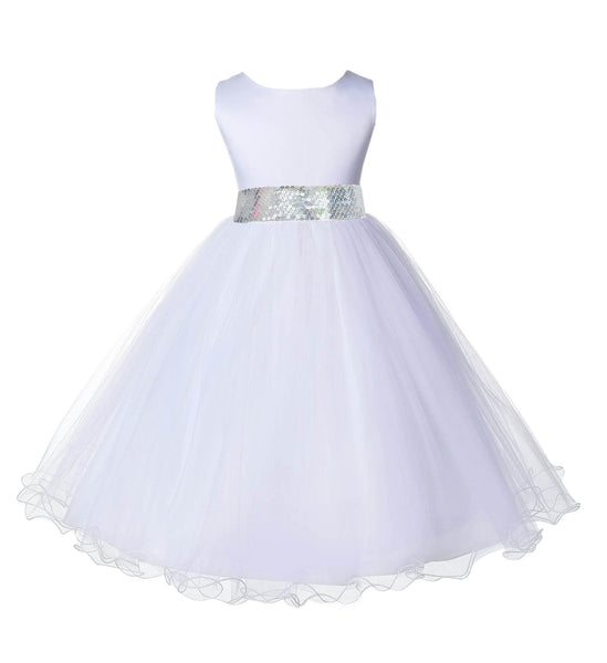 White Formal Wedding Pageant Special Occasion Rattail Edge Tulle Sequin Mesh Flower Girl Dress 829mh
