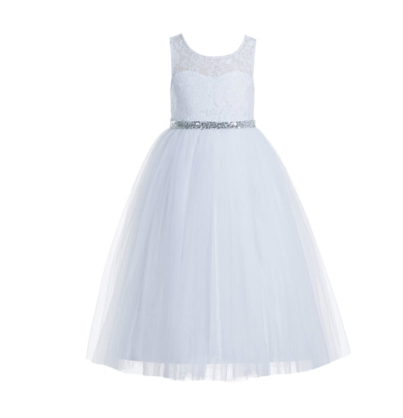White Lace Tulle Scoop Neck Keyhole Back A-Line Junior Flower Girl Dress Pageant Gown Baptism 178