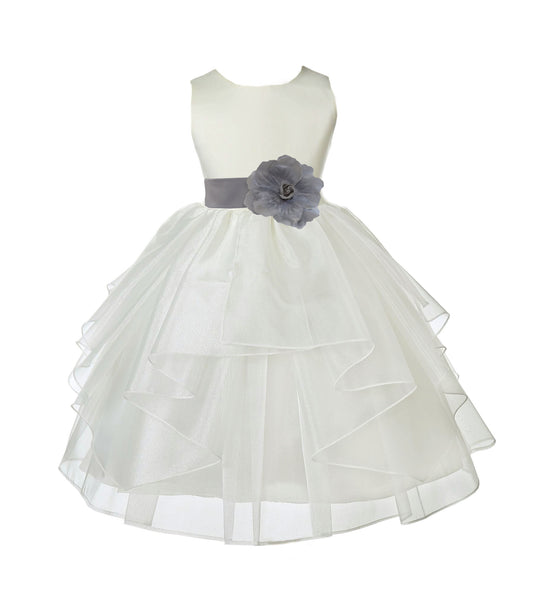 Ivory Satin Shimmering Organza Flower Girl Dress Junior Formal Pageant Baptism Christening 4613T(5)