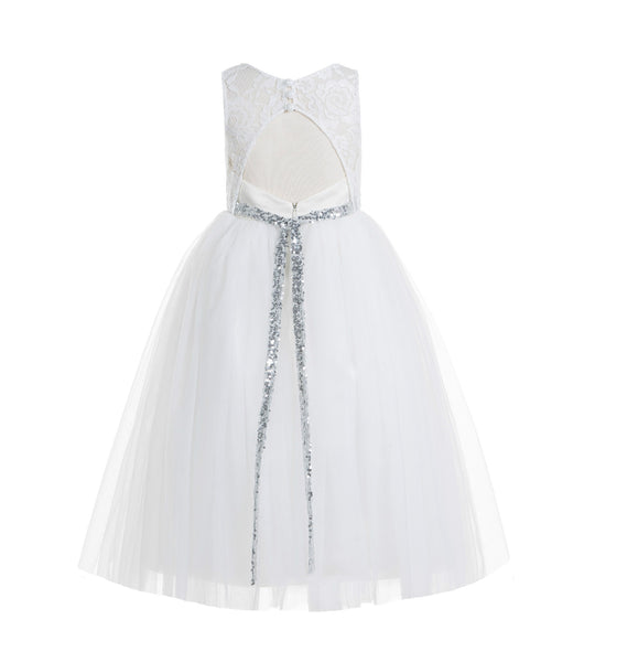 Ivory Lace Tulle Scoop Neck Keyhole Back A-Line Junior Flower Girl Dress Pageant Gown Communion 178