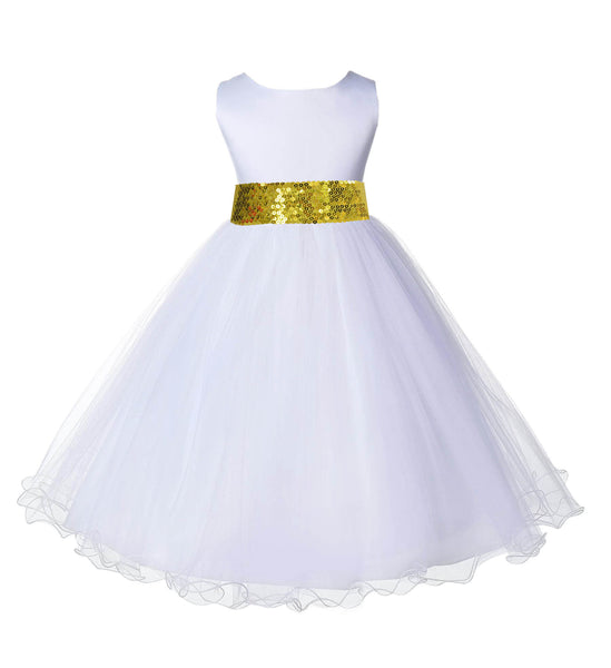 White Formal Wedding Pageant Special Occasion Rattail Edge Tulle Sequin Mesh Flower Girl Dress 829mh