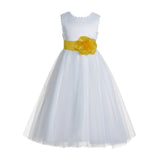 White V-Back Lace Edge Flower Girl Dress Junior Pageant Special Occasion Formal Evening Gown 183T(2)