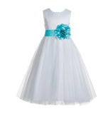 White V-Back Lace Edge Flower Girl Dress Junior Pageant Special Occasion Formal Evening Gown 183T(2)