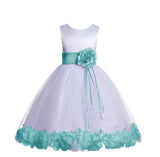 White Tulle Floral Rose Petals Princess Wedding Pageant Recital Birthday Flower Girl Dress 007(3)