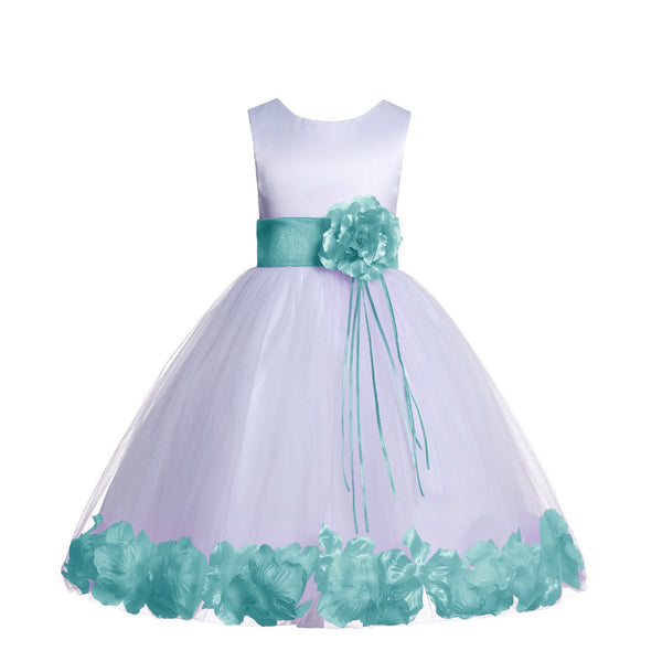 White Tulle Floral Rose Petals Princess Wedding Pageant Recital Birthday Flower Girl Dress 007(3)