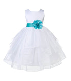 White Satin Shimmering Organza Flower Girl Dress Junior Formal Pageant Baptism Christening 4613T(4)