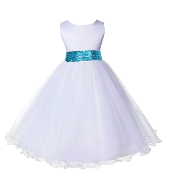 White Formal Wedding Pageant Special Occasion Rattail Edge Tulle Sequin Mesh Flower Girl Dress 829mh