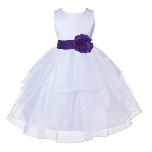 White Satin Shimmering Organza Flower Girl Dress Junior Formal Pageant Baptism Christening 4613T(5)