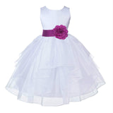 White Satin Shimmering Organza Flower Girl Dress Junior Formal Pageant Baptism Christening 4613T(5)