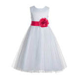 White V-Back Lace Edge Flower Girl Dress Junior Pageant Special Occasion Formal Evening Gown 183T(3)