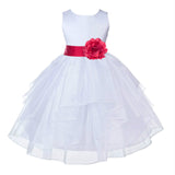 White Satin Shimmering Organza Flower Girl Dress Junior Formal Pageant Baptism Christening 4613T(5)