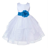 White Satin Shimmering Organza Flower Girl Dress Junior Formal Pageant Baptism Christening 4613T(5)