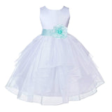 White Satin Shimmering Organza Flower Girl Dress Junior Formal Pageant Baptism Christening 4613T(5)