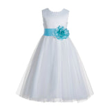 White V-Back Lace Edge Flower Girl Dress Junior Pageant Special Occasion Formal Evening Gown 183T(3)