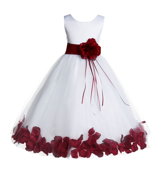 White Tulle Floral Rose Petals Princess Wedding Pageant Recital Birthday Flower Girl Dress 007(3)