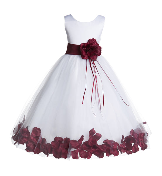 White Tulle Floral Rose Petals Princess Wedding Pageant Recital Birthday Flower Girl Dress 007(1)