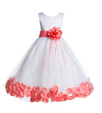 White Tulle Floral Rose Petals Princess Wedding Pageant Recital Birthday Flower Girl Dress 007(1)