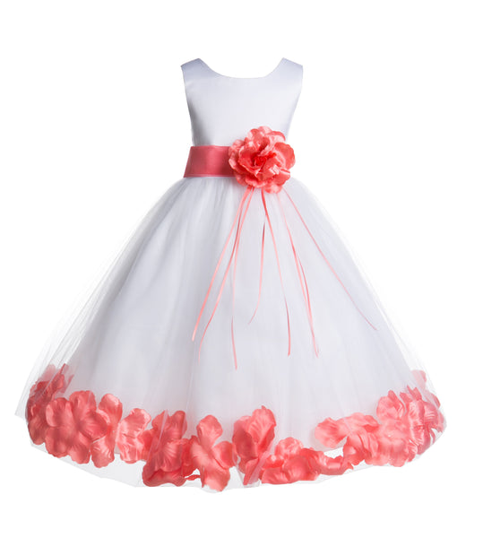 White Tulle Floral Rose Petals Princess Wedding Pageant Recital Birthday Flower Girl Dress 007(1)