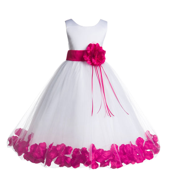 White Tulle Floral Rose Petals Princess Wedding Pageant Recital Birthday Flower Girl Dress 007(1)