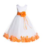 White Tulle Floral Rose Petals Princess Wedding Pageant Recital Birthday Flower Girl Dress 007(1)