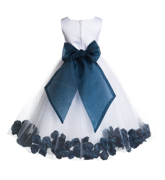 White Tulle Floral Rose Petals Princess Wedding Pageant Recital Birthday Flower Girl Dress 007(1)