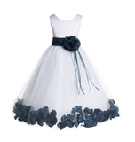 White Tulle Floral Rose Petals Princess Wedding Pageant Recital Birthday Flower Girl Dress 007(1)