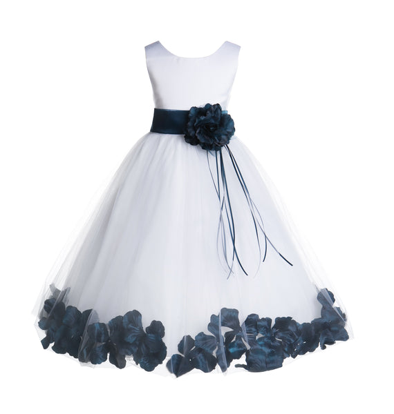 White Tulle Floral Rose Petals Princess Wedding Pageant Recital Birthday Flower Girl Dress 007(1)
