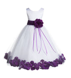 White Tulle Floral Rose Petals Princess Wedding Pageant Recital Birthday Flower Girl Dress 007(1)