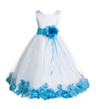 White Tulle Floral Rose Petals Princess Wedding Pageant Recital Birthday Flower Girl Dress 007(2)