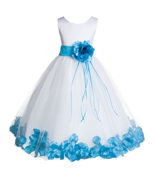 White Tulle Floral Rose Petals Princess Wedding Pageant Recital Birthday Flower Girl Dress 007(2)