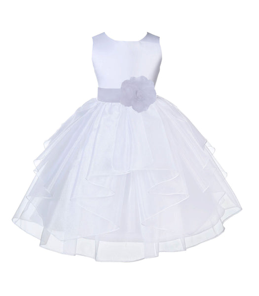 White Satin Shimmering Organza Flower Girl Dress Junior Formal Pageant Baptism Christening 4613T(1)