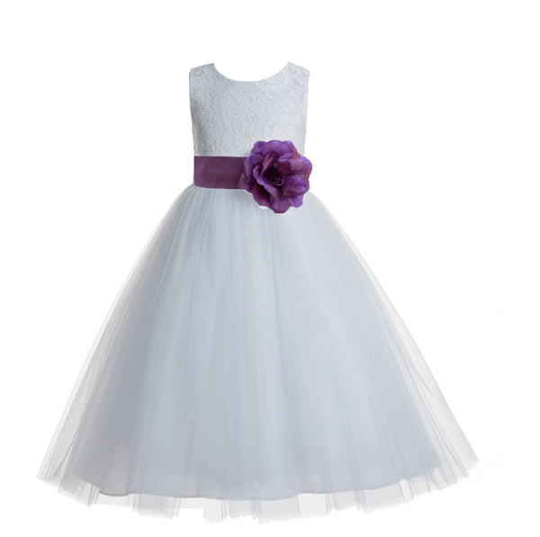 White Floral Lace Heart Cutout Flower Girl Dress Communion Baptism Junior Bridesmaid Dress 172T(2)