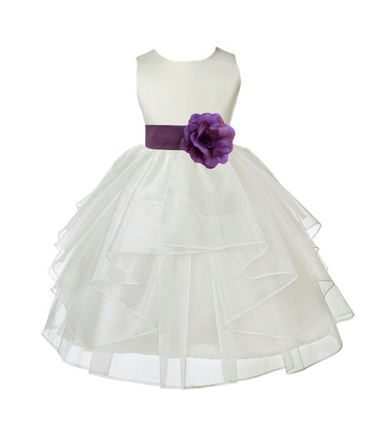 Ivory Satin Shimmering Organza Flower Girl Dress Junior Formal Pageant Baptism Christening 4613T(2)