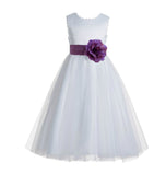 White V-Back Lace Edge Flower Girl Dress Junior Pageant Special Occasion Formal Evening Gown 183T(2)
