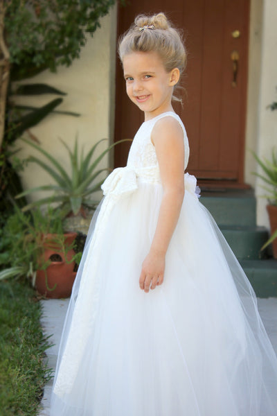 Floral Lace Heart Cutout Flower Girl Dress Junior Pageant Communion Baptism Wedding Tulle Dress 172