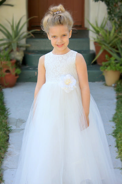 Floral Lace Heart Cutout Flower Girl Dress Junior Pageant Communion Baptism Wedding Tulle Dress 172F