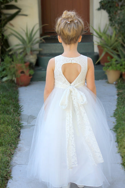 Floral Lace Heart Cutout Flower Girl Dress Junior Pageant Communion Baptism Wedding Tulle Dress 172