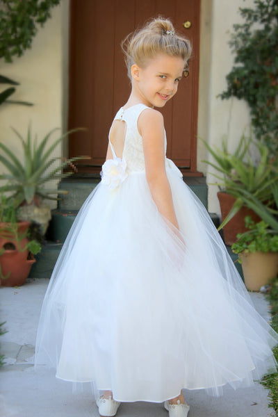 Floral Lace Heart Cutout Flower Girl Dress Junior Pageant Communion Baptism Wedding Tulle Dress 172F