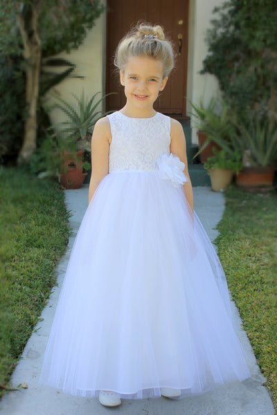 Floral Lace Heart Cutout Flower Girl Dress Junior Pageant Communion Baptism Wedding Tulle Dress 172F