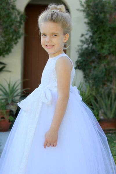 Floral Lace Heart Cutout Flower Girl Dress Junior Pageant Communion Baptism Wedding Tulle Dress 172