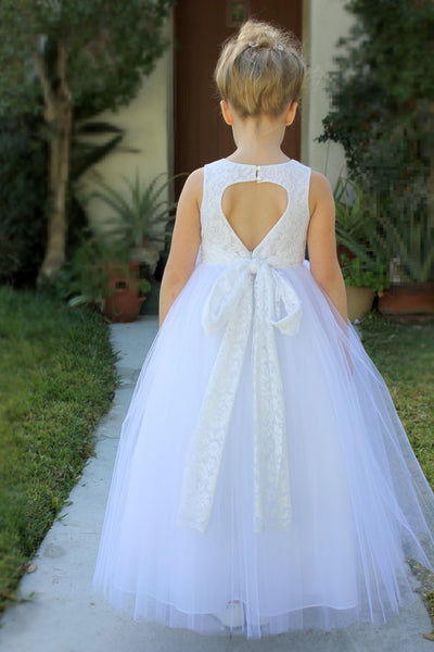 Floral Lace Heart Cutout Flower Girl Dress Junior Pageant Communion Baptism Wedding Tulle Dress 172