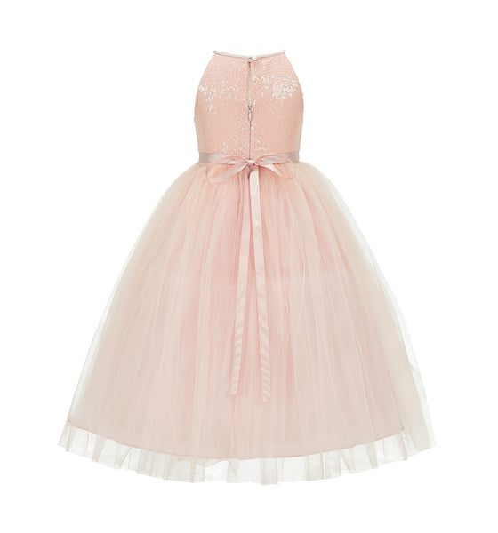 Sequin Halter Flower Girl Dress Special Events Dance Recital Ballroom Gown Pretty Princess 202