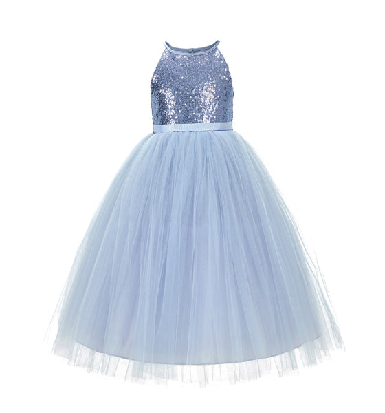 Sequin Halter Flower Girl Dress Special Events Dance Recital Ballroom Gown Pretty Princess 202