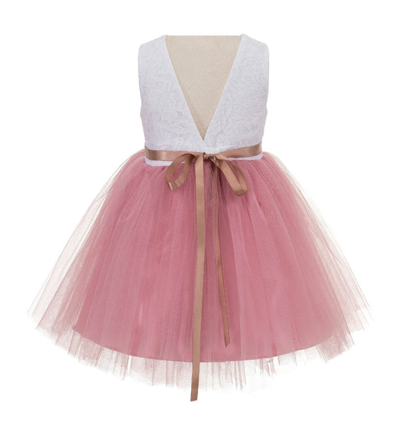 Backless V-Back Lace Flower Girl Dress Dance Recital Ceremonial Gown Formal Birthday Party 206R1