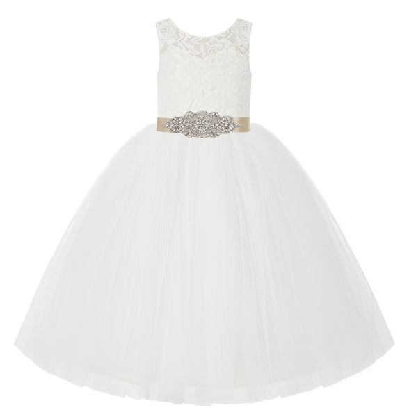 Ivory V-Back Lace Tutu Flower Girl Dress Formal Photoshoot Dresses for Toddler Girls 212R3